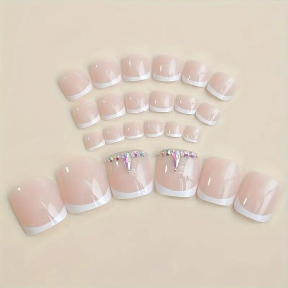 Nails French Manicure Fake Press On 24 Toenails Rhinestone Jewels Trendy Glam - Picture 2 of 5